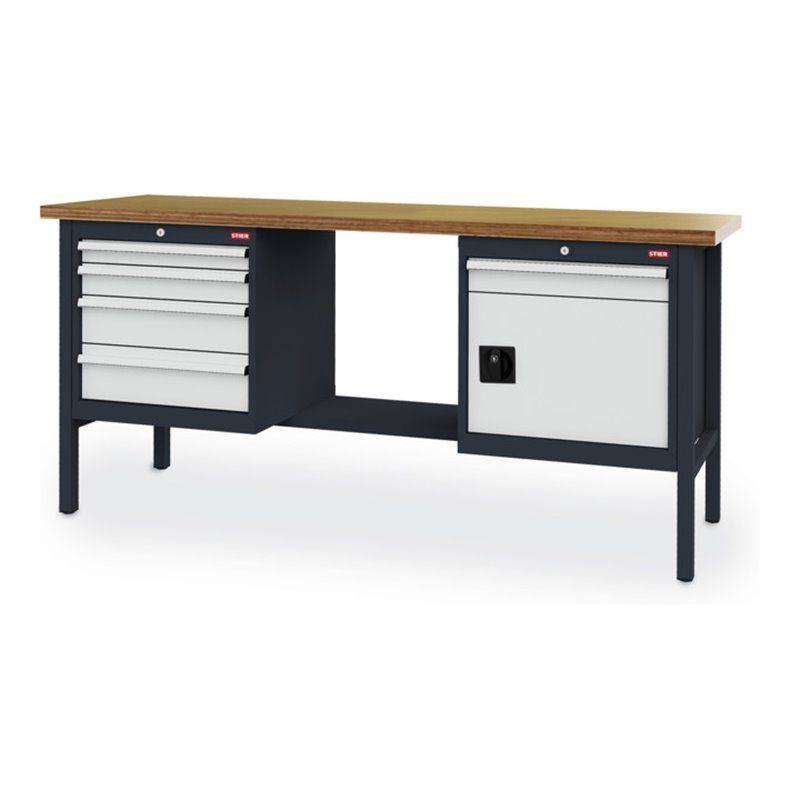 STIER Werkbank mit 5 Schubladen und 1 Tür BxTxH 2000x600x960 mm RAL 7016 / RAL 7035