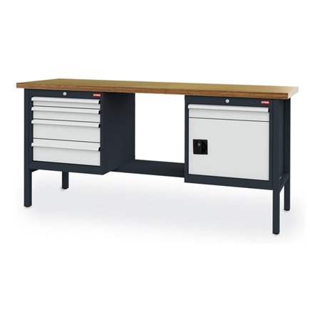 STIER Werkbank mit 5 Schubladen und 1 Tür BxTxH 2000x600x960 mm RAL 7016 / RAL 7035