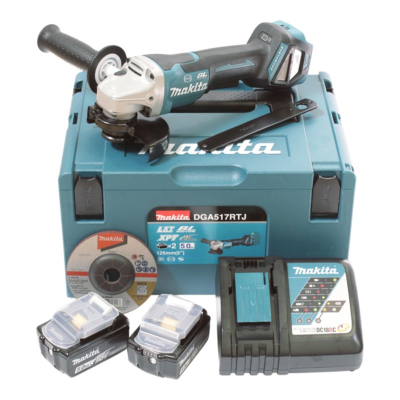 Makita Akku-Winkelschleifer DGA517RTJ, 18 V, 5,0 Ah mit Paddleschalter, 2 Akkus und Ladegerät, im MAKPAC
