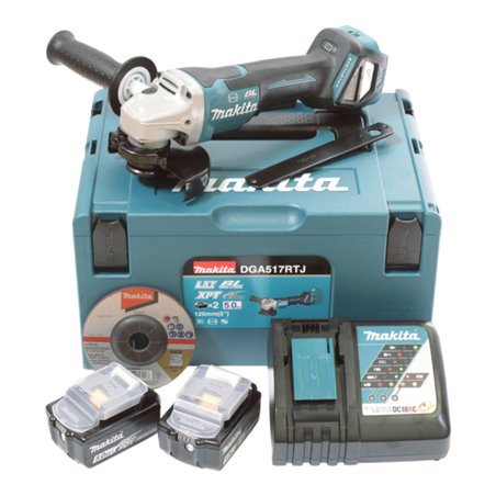 Makita Akku-Winkelschleifer DGA517RTJ, 18 V, 5,0 Ah mit Paddleschalter, 2 Akkus und Ladegerät, im MAKPAC