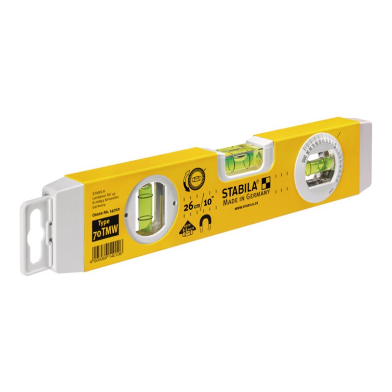 STABILA Torpedo-Wasserwaage Type 70 TMW 26 cm mit Magnetsystem und drehbarer Winkel-Libelle