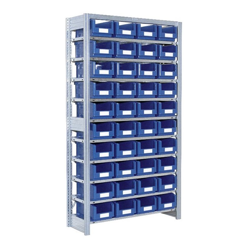 Bito Behälterregal mit 40 Sichtlagerkästen L1058xH1850x324 mm, Grundfeld verzinkt