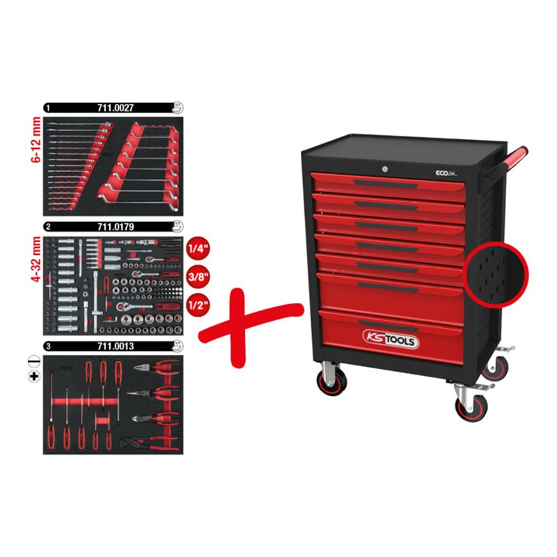KS TOOLS Werkzeugwagen ECOline B748xT459xH1014mm 300kg 7 Schubl.215-tlg.Stahlbl.