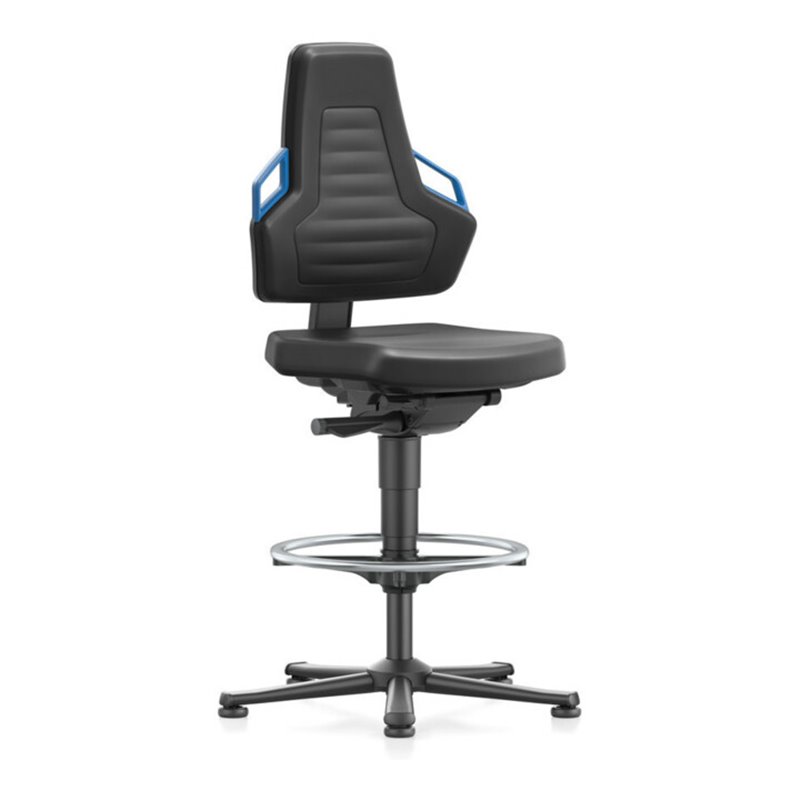 Arbeitsdrehstuhl Nexxit Gleiter+Fußring PU-Schaum schwarz Griff blau 570-820mm