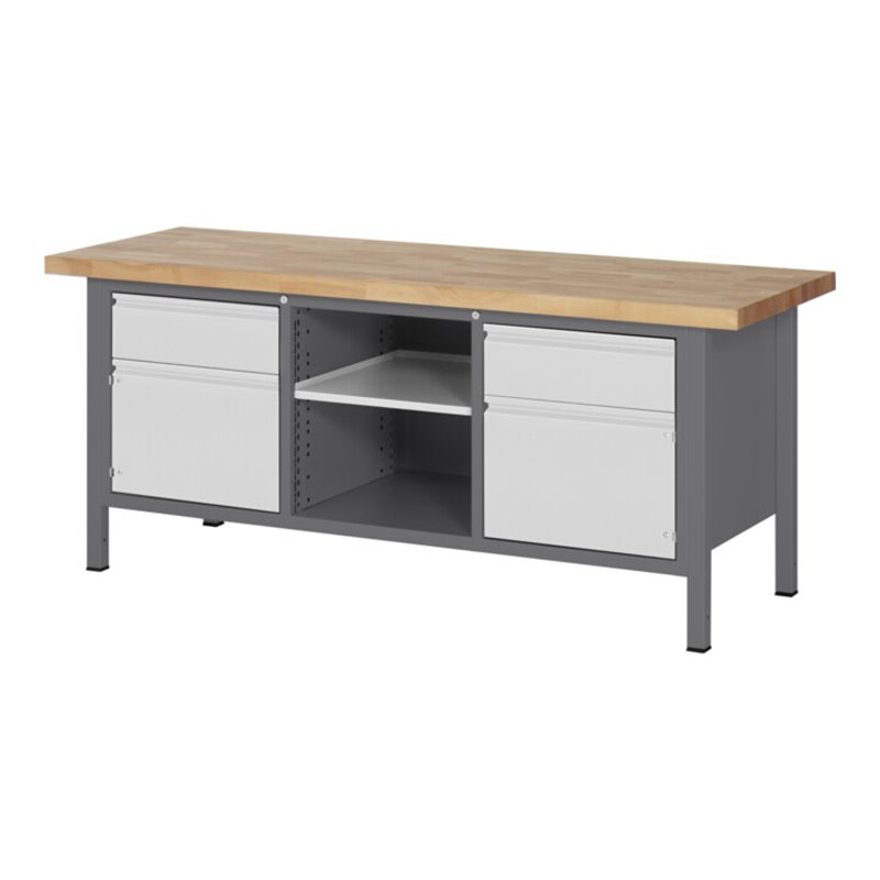 STIER Höhenverstellbare Werkbank Premium mit 2 Schubladen und 2 Flügeltüren BxTxH 2000x700x840-1040mm