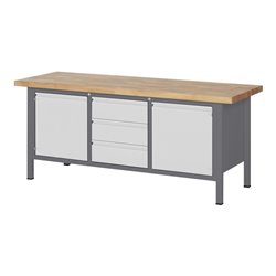 STIER Höhenverstellbare Werkbank Premium mit 3 Schubladen und 2 Flügeltüren BxTxH 2000x700x840-1040mm