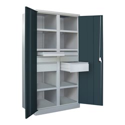 Pavoy Schwerlastschrank, Trennwand, 6 Fachböden a 120 kg, 6 Schubladen, RAL 7035/7016