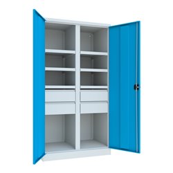 Pavoy Schwerlastschrank, Trennwand, 6 Fachböden a 120 kg, 4 Schubladen, RAL 7035/5012