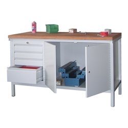 Pavoy Werkbank, 1500x700x900 mm, 1 Schubladenblock, 1 Schrank, RAL 7035