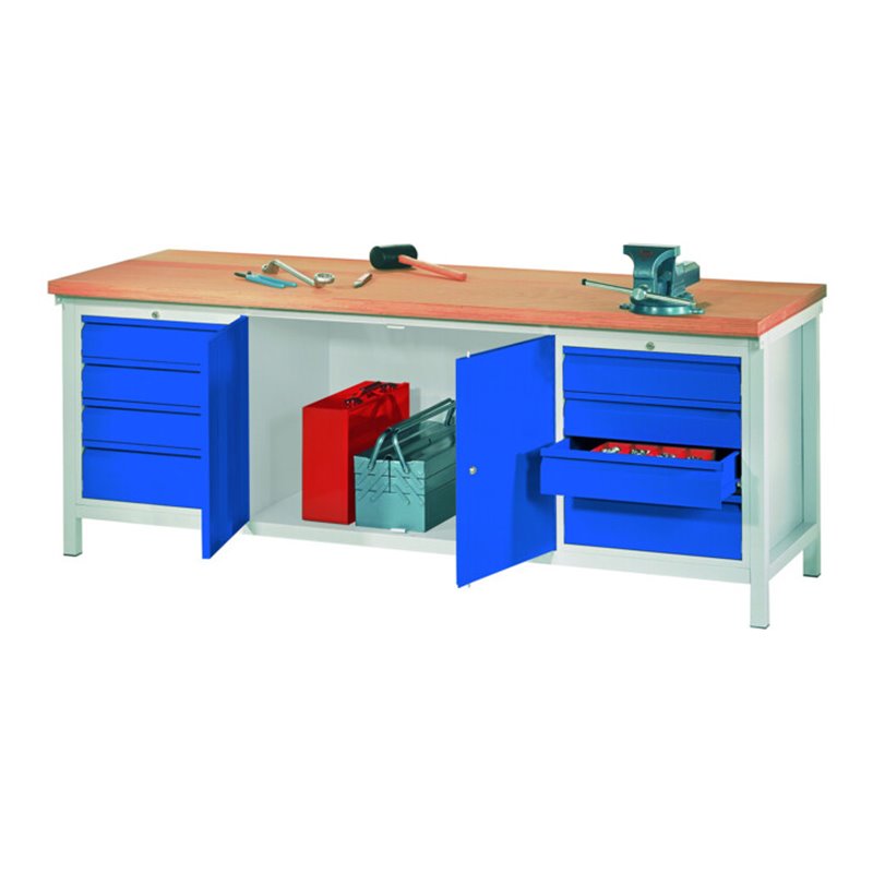 Pavoy Werkbank, 2000x700x900 mm, 2 Schubladenblöcke, 1 Schrank, RAL 7035/5010