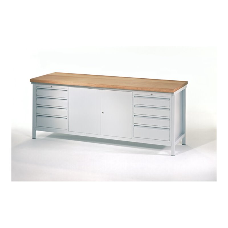 Pavoy Werkbank, 2000x700x900 mm, 2 Schubladenblöcke, 1 Schrank, RAL 7035