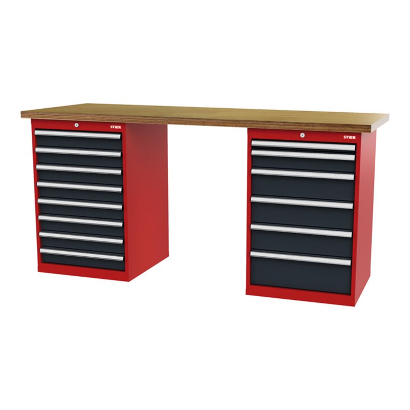 STIER Werkbank BxTxH 2000x600x960 mm mit 2 Schrankgehäusen der Breite 600 mm RAL 3020 / RAL 7016