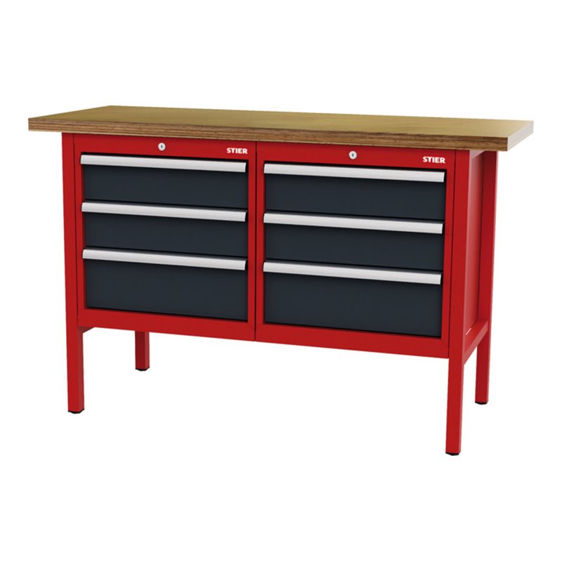 STIER Werkbank mit 6 Schubladen BxTxH 1500x600x960 mm RAL 3020 / RAL 7016