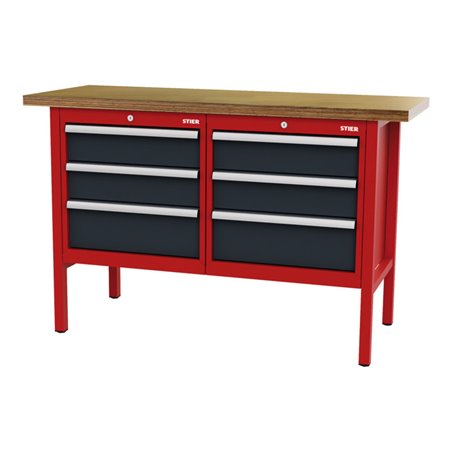 STIER Werkbank mit 6 Schubladen BxTxH 1500x600x960 mm RAL 3020 / RAL 7016