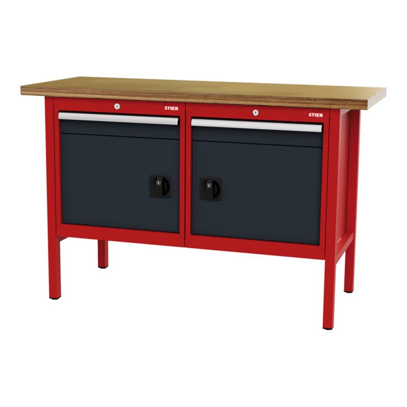 STIER Werkbank mit 2 Schubladen und 2 Türen BxTxH 1500x600x960 mm RAL 3020 / RAL 7016
