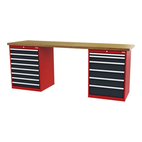 STIER Werkbank BxTxH 2500x600x860 mm mit 2 Schrankgehäusen der Breite 700 mm RAL 3020 / RAL 7016