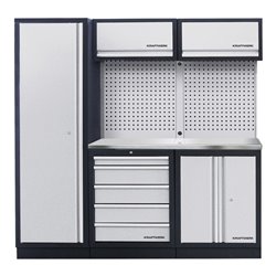 Kraftwerk 3-Element-Schrankwand mit Vierkantlochwand Inox-Arbeitsplatte