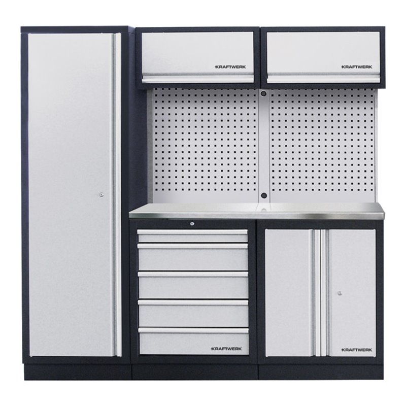 Kraftwerk 3-Element-Schrankwand mit Vierkantlochwand Inox-Arbeitsplatte