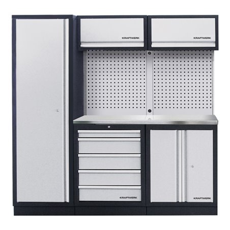 Kraftwerk 3-Element-Schrankwand mit Vierkantlochwand Inox-Arbeitsplatte
