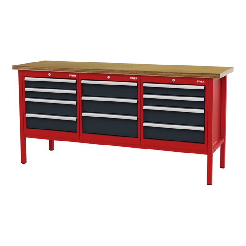 STIER Werkbank mit 11 Schubladen BxTxH 2000x600x960 mm RAL 3020 / RAL 7016