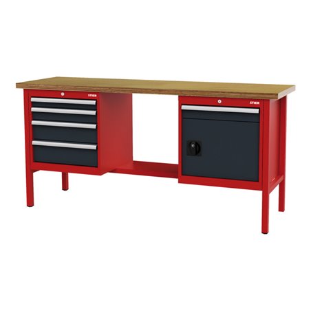 STIER Werkbank mit 5 Schubladen und 1 Tür BxTxH 2000x600x960 mm RAL 3020 / RAL 7016