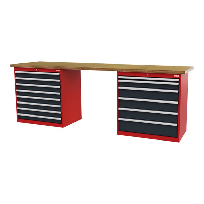 STIER Werkbank BxTxH 2500x600x960 mm mit 2 Schrankgehäusen der Breite 900 mm RAL 3020 / RAL 7016