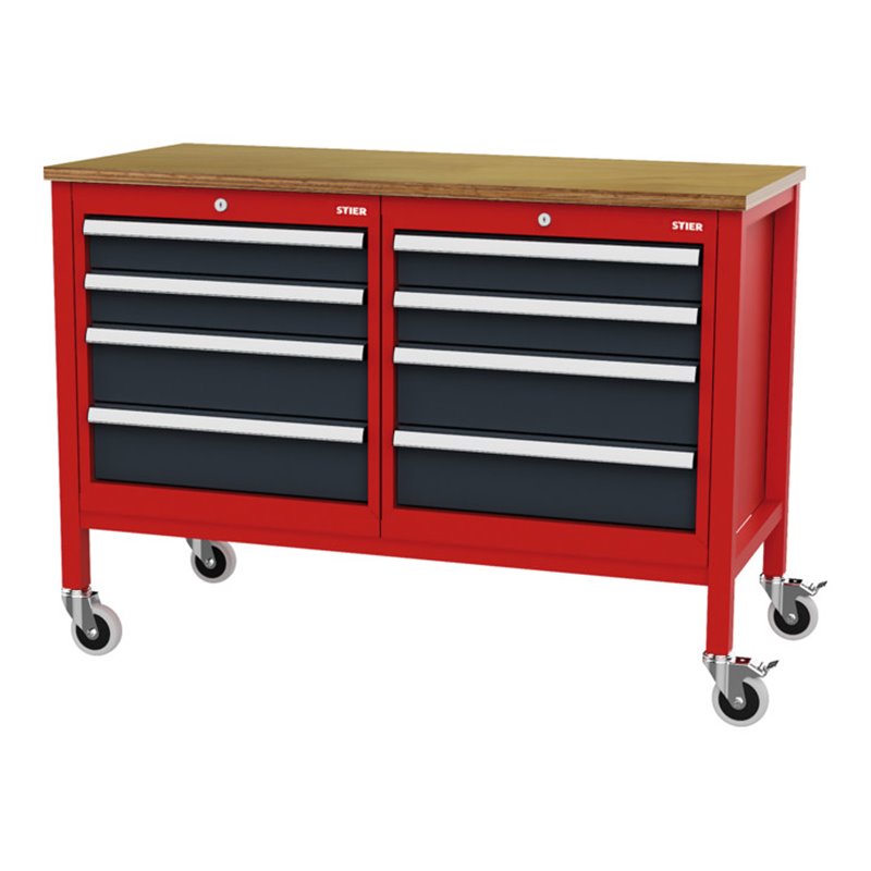 STIER Mobile Kastenwerkbank mit 8 Schubladen BxTxH 1300x600x960 mm RAL 3020 / RAL 7016