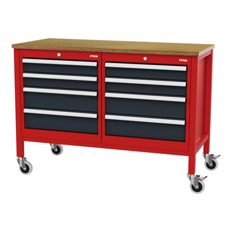 STIER Mobile Kastenwerkbank mit 8 Schubladen BxTxH 1300x600x960 mm RAL 3020 / RAL 7016