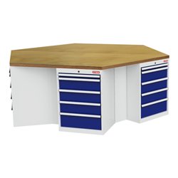 STIER 6-Eck-Werkbank BxTxH 2500x2165x860 mm lichtgrau/enzianblau