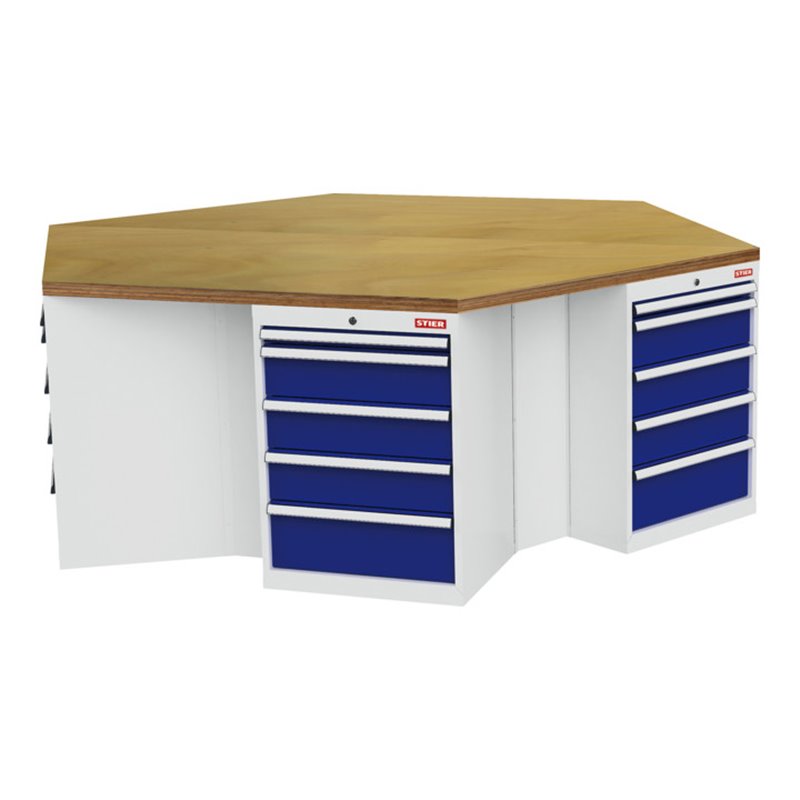 STIER 6-Eck-Werkbank BxTxH 2500x2165x860 mm lichtgrau/enzianblau