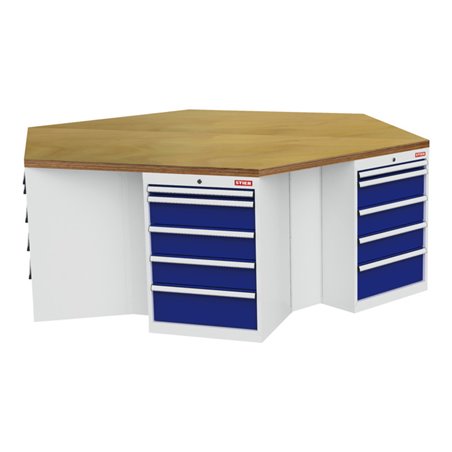 STIER 6-Eck-Werkbank BxTxH 2500x2165x860 mm lichtgrau/enzianblau