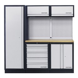 Kraftwerk 3-Element-Schrankwand mit Vierkantlochwand Multiplex-Arbeitsplatte