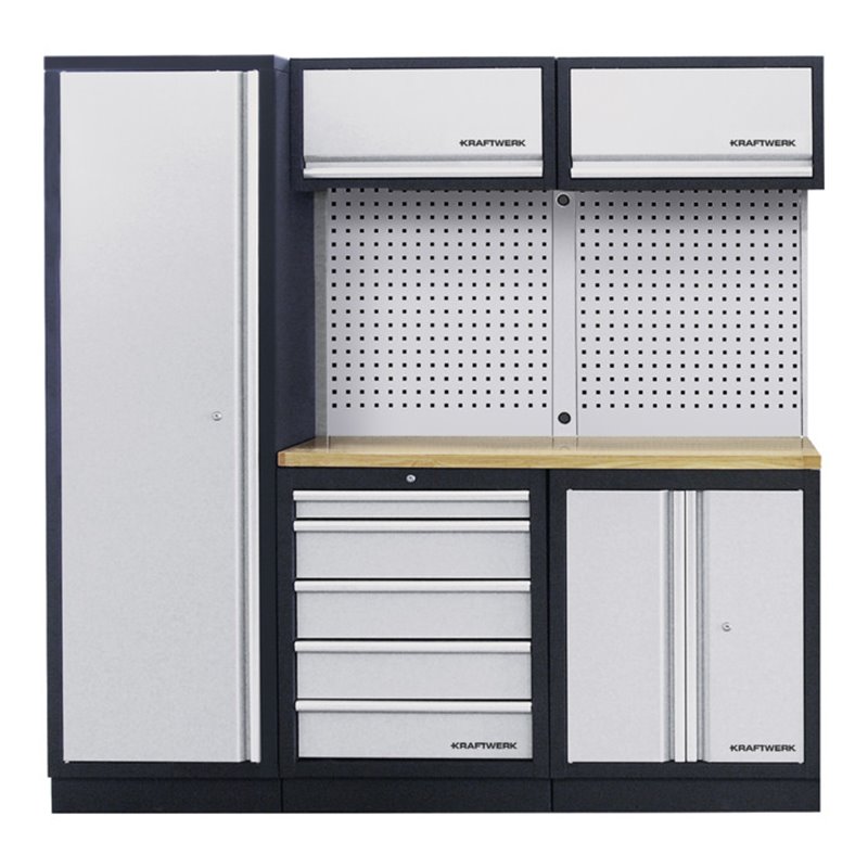 Kraftwerk 3-Element-Schrankwand mit Vierkantlochwand Multiplex-Arbeitsplatte