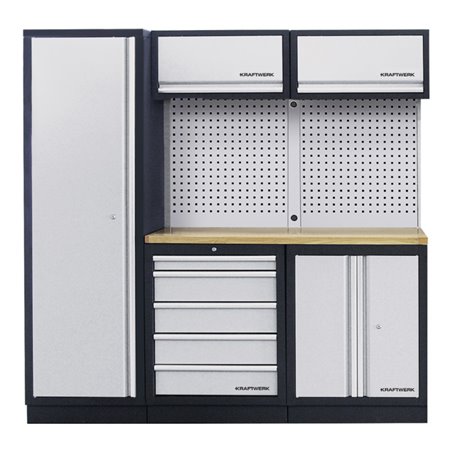 Kraftwerk 3-Element-Schrankwand mit Vierkantlochwand Multiplex-Arbeitsplatte