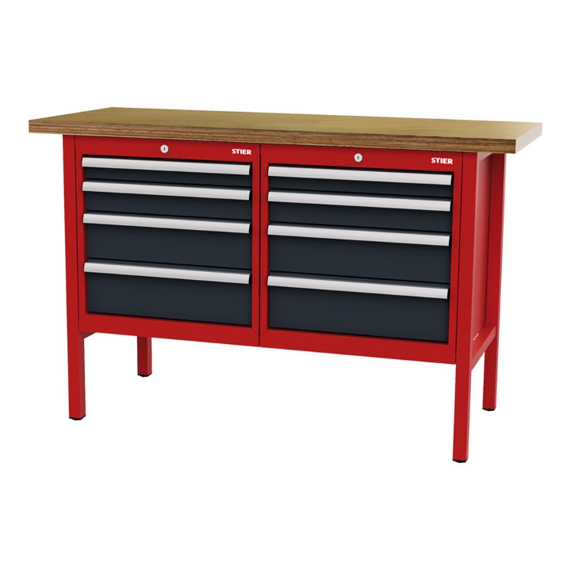 STIER Werkbank mit 8 Schubladen BxTxH 1500x600x960 mm RAL 3020 / RAL 7016