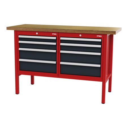 STIER Werkbank mit 8 Schubladen BxTxH 1500x600x960 mm RAL 3020 / RAL 7016