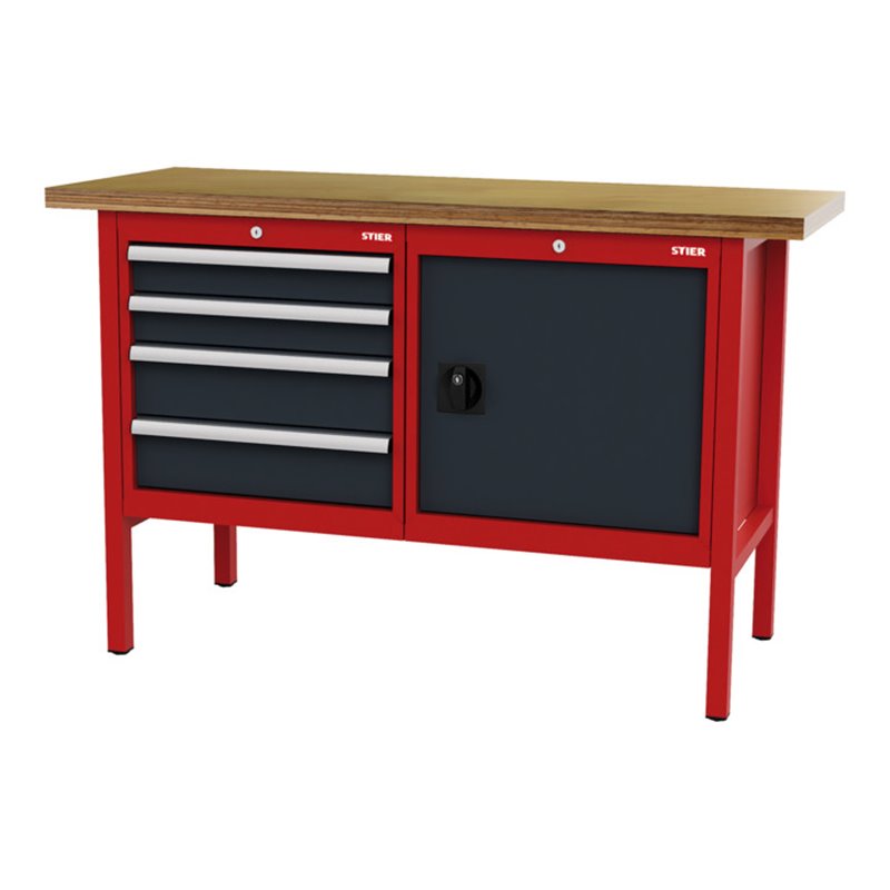 STIER Werkbank mit 4 Schubladen und 1 Tür BxTxH 1500x600x960 mm RAL 3020 / RAL 7016