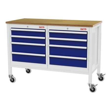 STIER Mobile Kastenwerkbank mit 8 Schubladen BxTxH 1300x600x960 mm RAL 7035 / RAL 5010