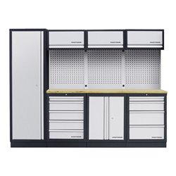 Kraftwerk 4-Element-Schrankwand mit Vierkantlochwand Länge 2640 mm Multiplex-Arbeitsplatte