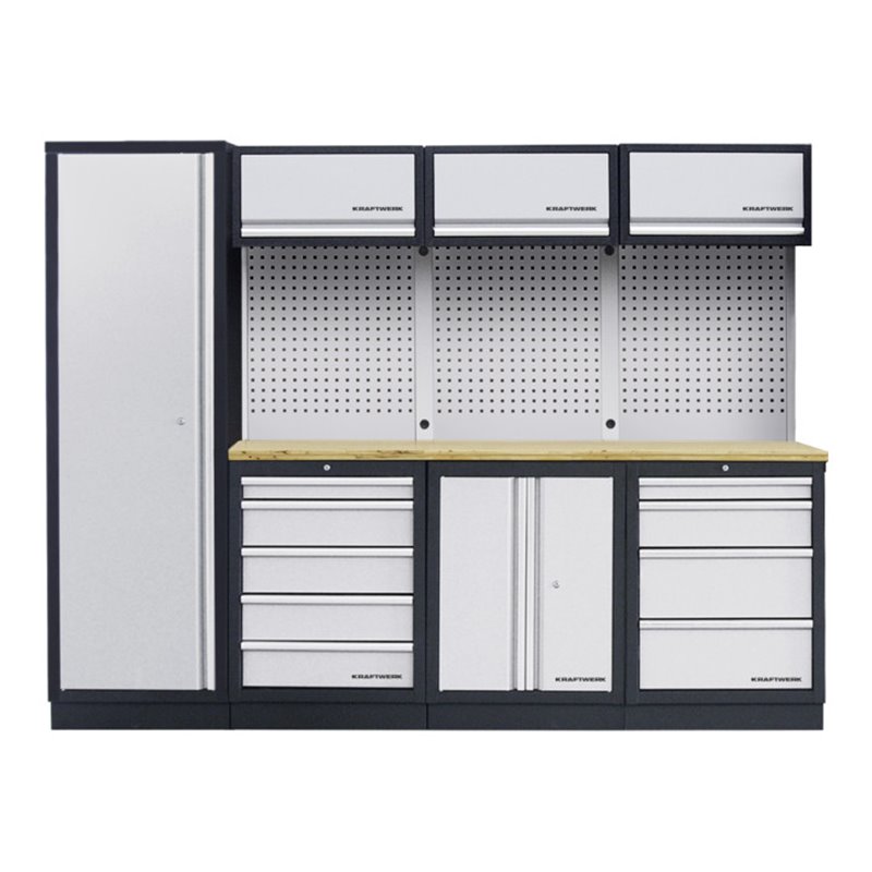 Kraftwerk 4-Element-Schrankwand mit Vierkantlochwand Länge 2640 mm Multiplex-Arbeitsplatte