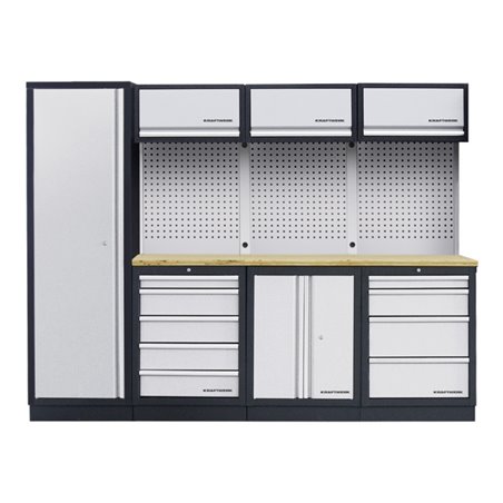 Kraftwerk 4-Element-Schrankwand mit Vierkantlochwand Länge 2640 mm Multiplex-Arbeitsplatte