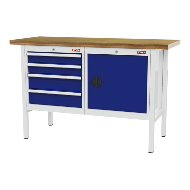 STIER Werkbank mit 4 Schubladen und 1 Tür BxTxH 1500x600x960 mm RAL 7035 / RAL 5010