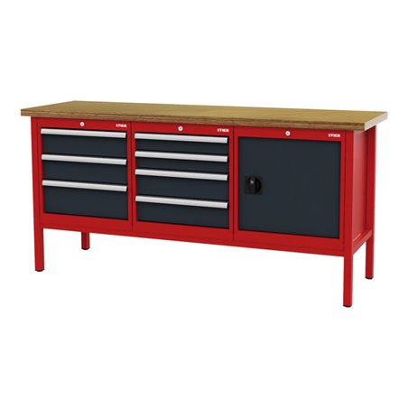 STIER Werkbank mit 7 Schubladen und 1 Tür BxTxH 2000x600x960 mm RAL 3020 / RAL 7016