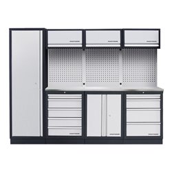 Kraftwerk 4-Element-Schrankwand mit Vierkantlochwand Länge 2640 mm rostfreien Arbeitsplatte