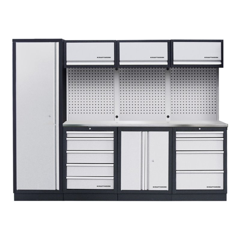 Kraftwerk 4-Element-Schrankwand mit Vierkantlochwand Länge 2640 mm rostfreien Arbeitsplatte