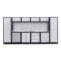 Kraftwerk 6-Element-Schrankwand mit Vierkantlochwand Länge 3920 mm INOX-Arbeitsplatte