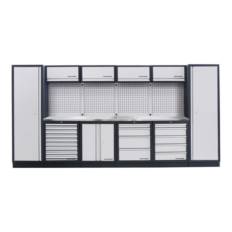 Kraftwerk 6-Element-Schrankwand mit Vierkantlochwand Länge 3920 mm INOX-Arbeitsplatte