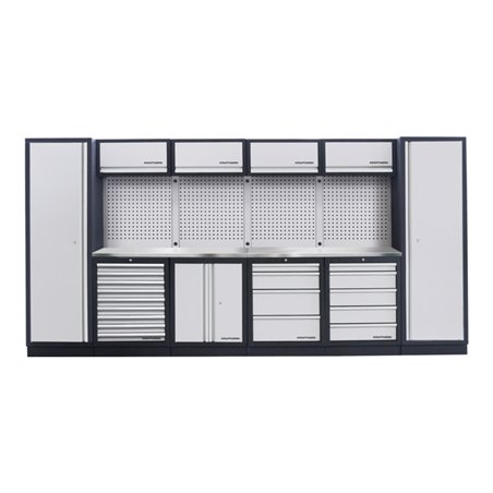 Kraftwerk 6-Element-Schrankwand mit Vierkantlochwand Länge 3920 mm INOX-Arbeitsplatte