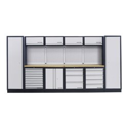 Kraftwerk 6-Element-Schrankwand mit Vierkantlochwand Länge 3920 mm Multiplex-Arbeitsplatte