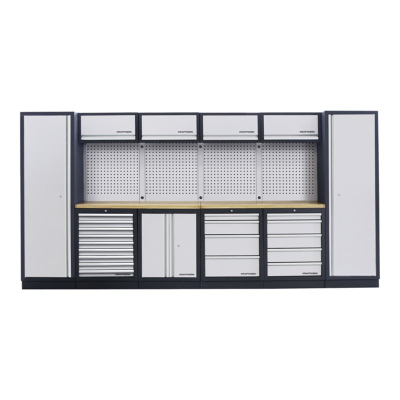 Kraftwerk 6-Element-Schrankwand mit Vierkantlochwand Länge 3920 mm Multiplex-Arbeitsplatte